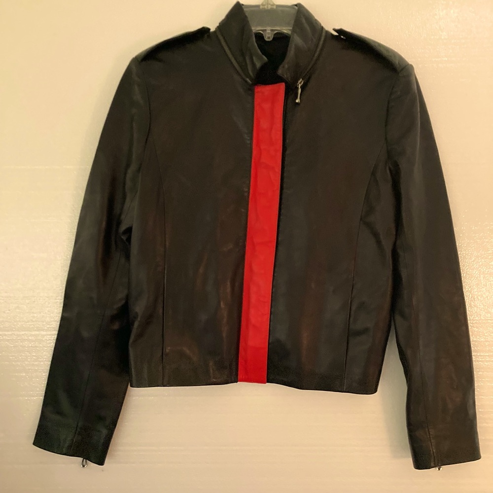 Black Red Leather Fitted Moto Jacket Soft Leather Size Large Unbranded